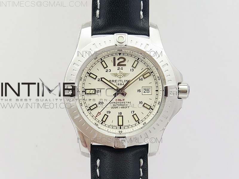 GF 브라이틀링 콜트 스틸 화이트다이얼 가죽스트랩 CLOT CHRONOMETER SS WHITE STICKS MARKER DIAL ON BLACK LEATHER STRAP A2824