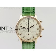 ZF공장 IWC 포르투기저 크로노그래프 PORTUGUESE IW3714 RG CASE DIAMOND  WHITE DIAL RG NUMERAL ON GREEN LEATHER STRAP A79350 (SLIM MOVEMENT)