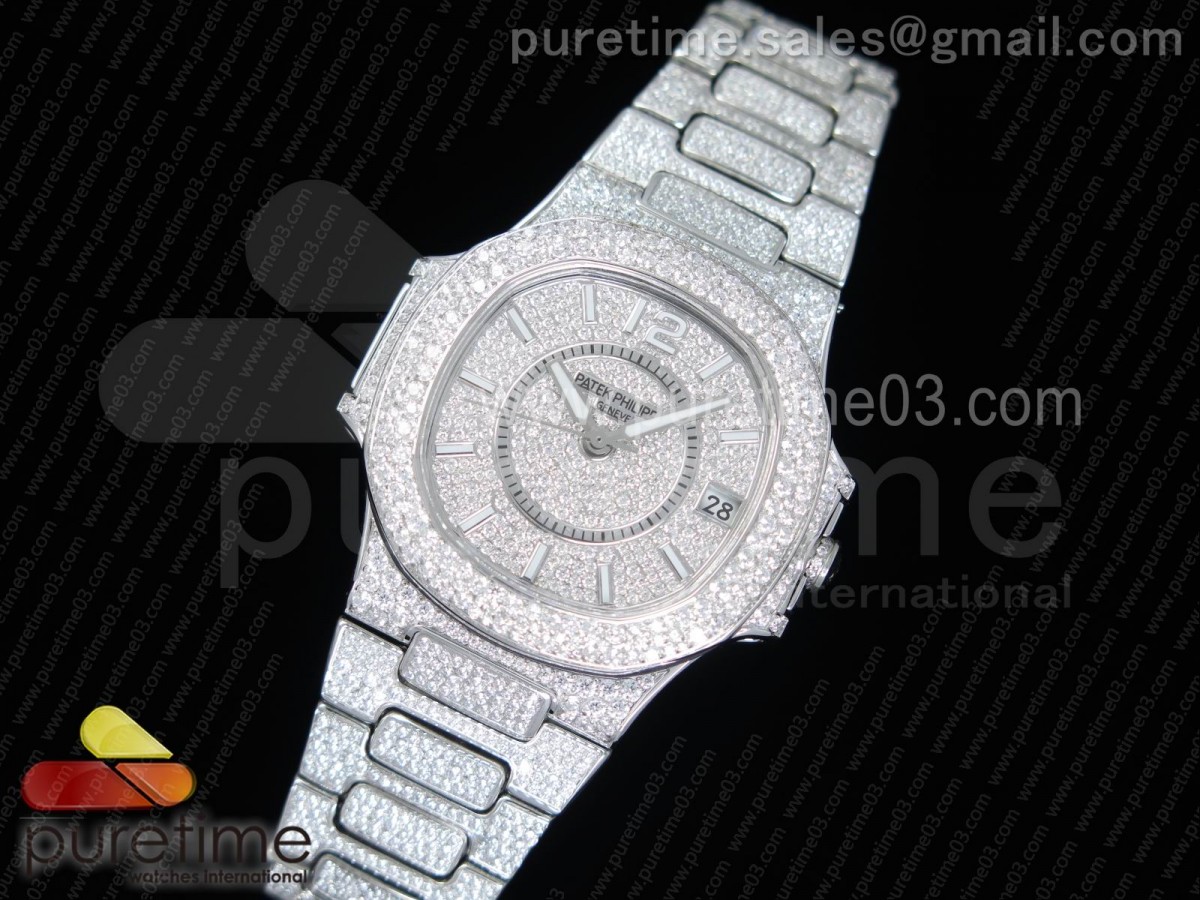 파텍필립 노틸러스 레이디 7021 스틸 풀다이아몬드 Nautilus Jumbo Ladies 7021 SS Full Paved Diamonds on Diamonds Plated SS Bracelet MIYOTA 9015