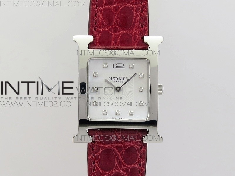 MK공장 에르메스 H아워 스틸 화이트자개다이얼 다이아몬드인덱스 레드크로커다일스트랩 HEURE H LADIES SS WHITE MOP DIAL ON RED CROCO LEATHER STRAP SWISS QUARTZ