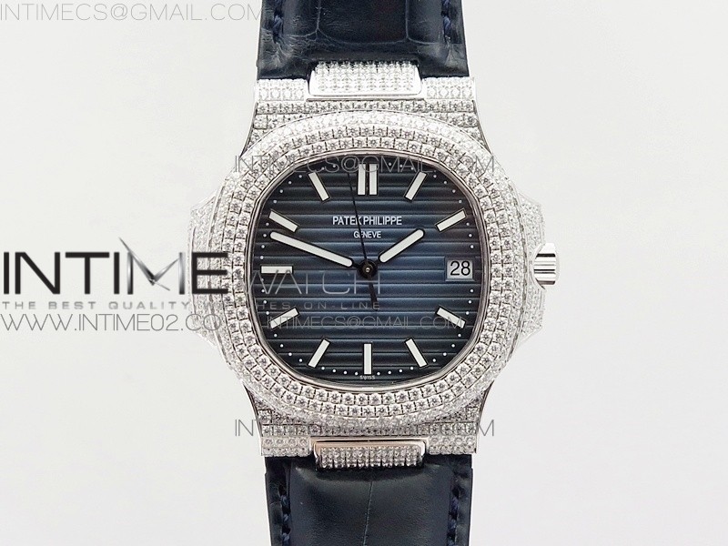 파텍필립 노틸러스 점보 5711 풀다이아몬드 블루다이얼 악어가죽스트랩 NAUTILUS JUMBO 5711 SS FULL PAVED DIAMONDS BLUE DIAL CASE ON BLUE CROCO LEATHER STRAP A324