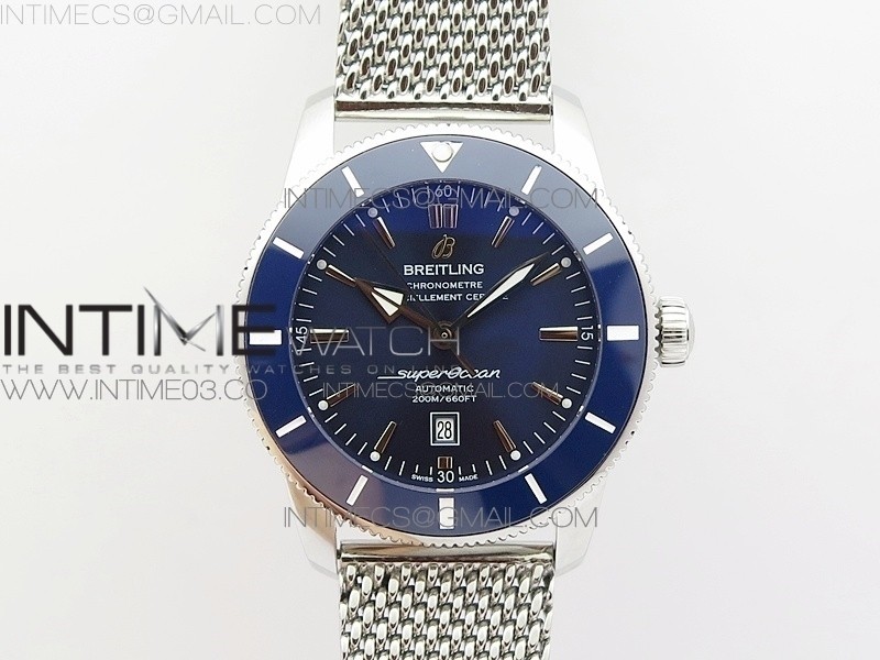 브라이틀링 슈퍼오션 헤리티지 스틸 블루다이얼 세라믹베젤 매쉬밴드 SUPER OCEAN HERITAGE BLUE CERAMIC BEZEL SS BLUE DIAL ON SS BRACELET A2824