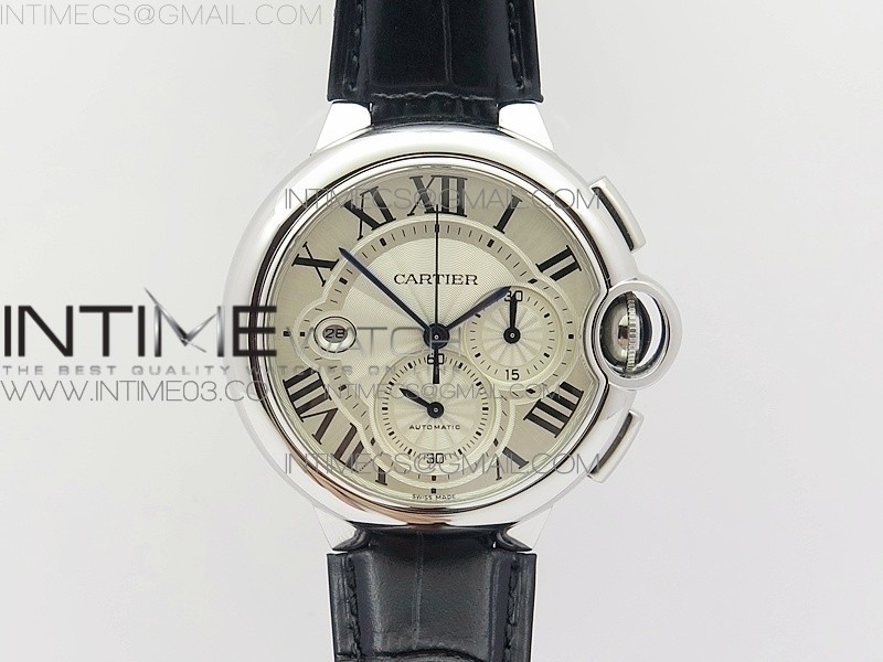 ZF공장 발롱블루 드 까르띠에 크로노47mm 스틸 화이트다이얼 가죽스트랩 BALLON BLEU DE CARTIER CHRONO 47MM SS CREAM WHITE TEXTURED DIAL ON BLACK LEATHER STRAP A8101