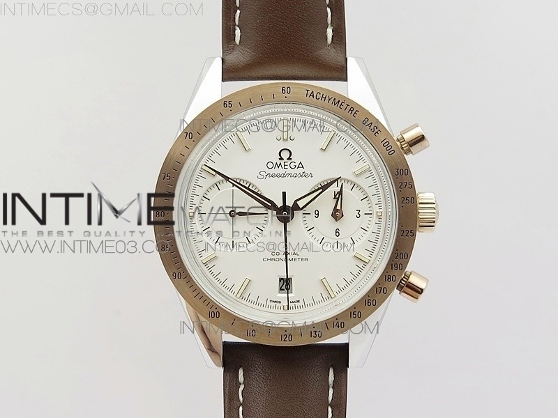 OM공장 오메가 스피드마스터57 코엑시얼 화이트다이얼 로즈골드콤비 가죽스트랩 SPEEDMASTER '57 CO-AXIAL RG/SS WHITE DIAL WHITE MARKERS ON BLACK LEATHER STRAP A9300 (FREE LEATHER STRAP)