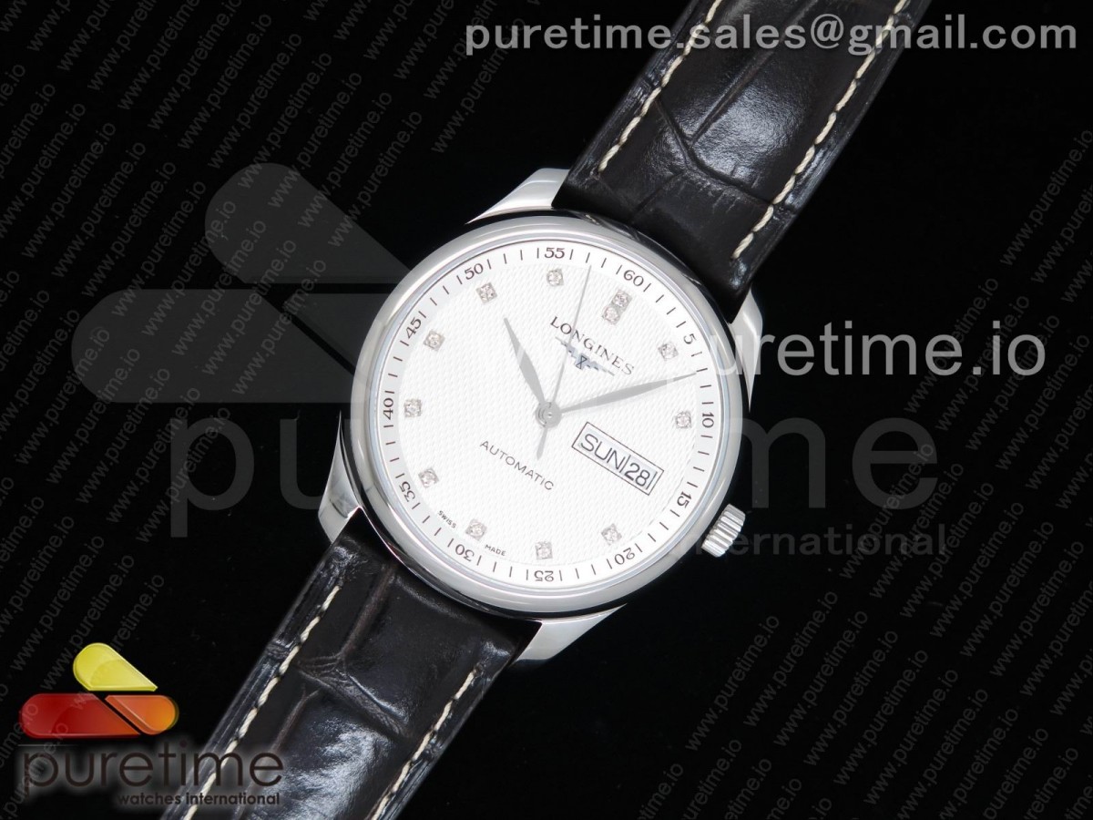 LG공장 론진 마스터 데이데이트 스틸 화이트다이아몬드다이얼 가죽스트랩  Master Day Date SS White Textured Dial Diamonds Markers on Black Leather Strap A2824