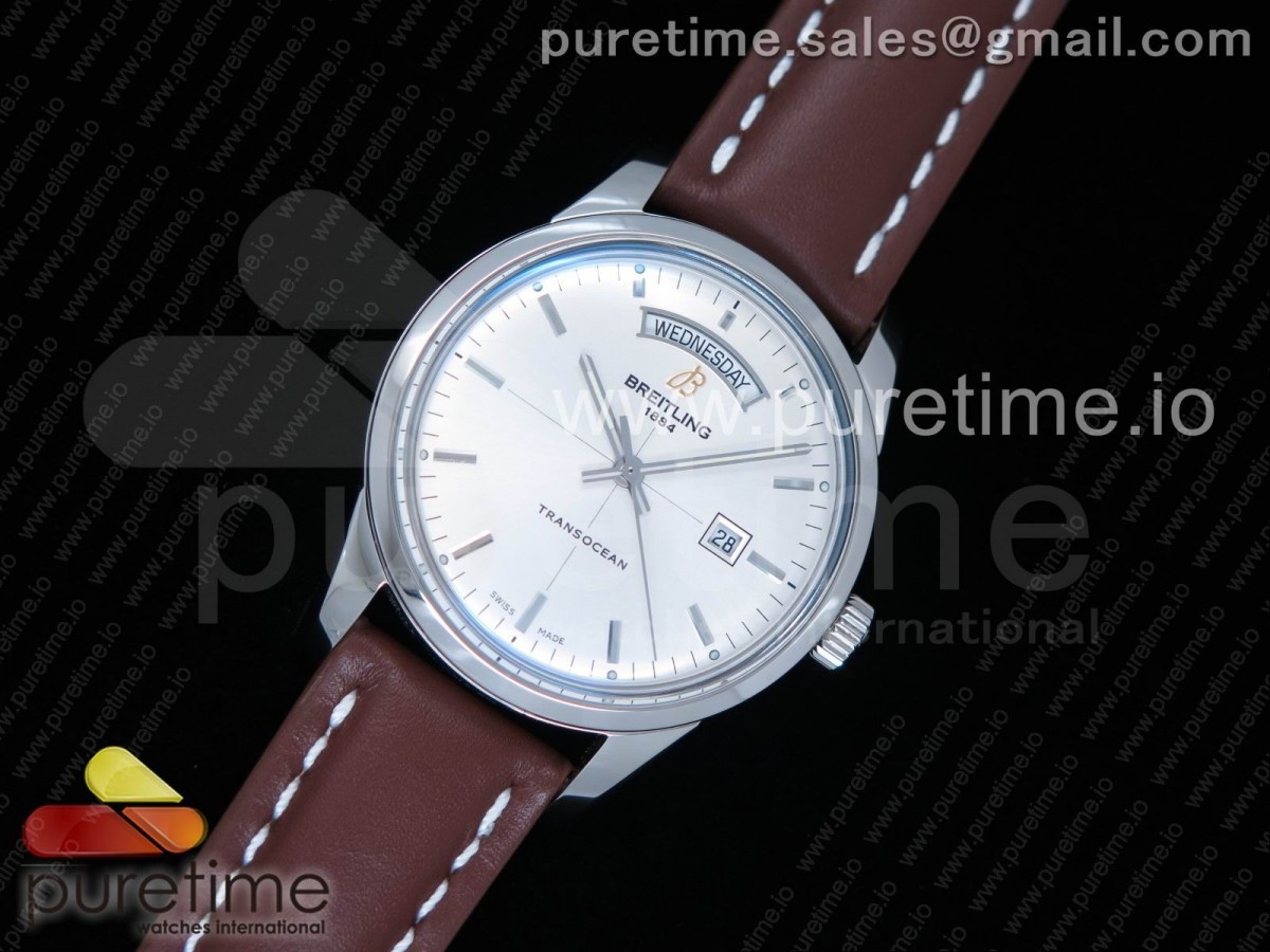 V7공장 브라이틀링 트랜스오션 데이데이트 스틸 화이트다이얼 가죽스트랩 Breitling Transocean Day & Date Automatic SS White Dial on Brown Leather Strap A2836