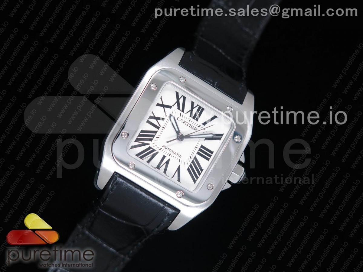 KZ공장 까르띠에 산토스100 미디움 스틸 화이트다이얼 가죽스트랩 Santos 100 33mm SS White Dial on Black Leather Strap SEIKO NH05A