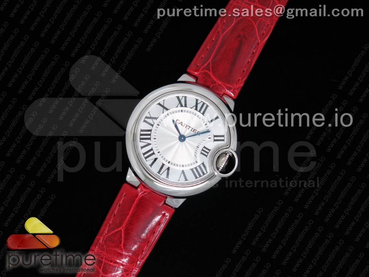 AF공장 까르띠에 발롱블루 33MM 스틸 레드크로커다일스트랩 Ballon Bleu 33mm SS White Textured Dial on Red Crocodile Strap Jap Quartz