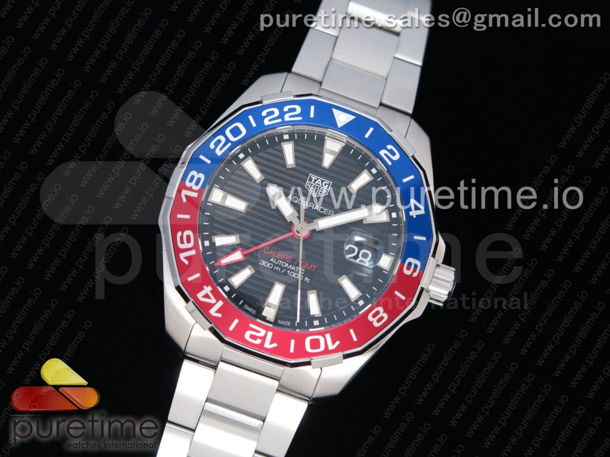 OX공장 태그호이어 아쿠아레이서 칼리버7 43MM 스틸 펩시 브레이슬릿 Aquaracer Calibre 7 GMT SS 43mm Pepsi Ceramic Bezel Black Dial on SS Bracelet SW200