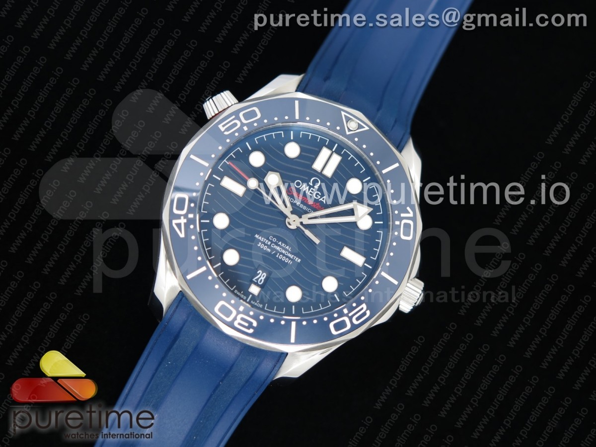 OM공장 오메가 씨마스터 다이버300 스틸 블루물결텍스쳐다이얼 러버  2018 Seamaster Diver 300M Blue Ceramic Blue Dial on Blue Rubber Strap A8800 (Black Balance Wheel)