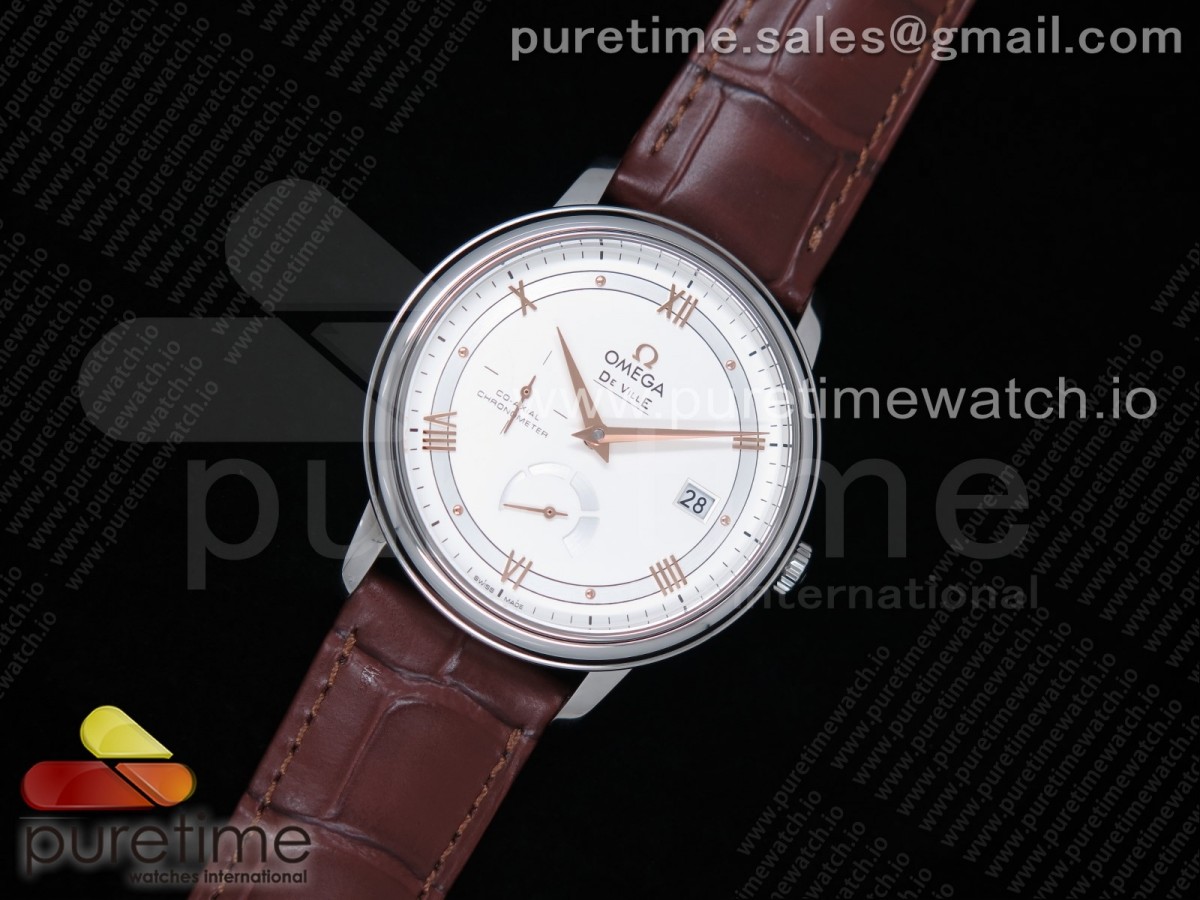 ZF공장 오메가 드빌 프레스티지 파워리저 화이트다이얼 가죽스트랩 De Ville Prestige Real PR SS White Dial RG Hands on Brown Leather Strap MIYOTA 9015