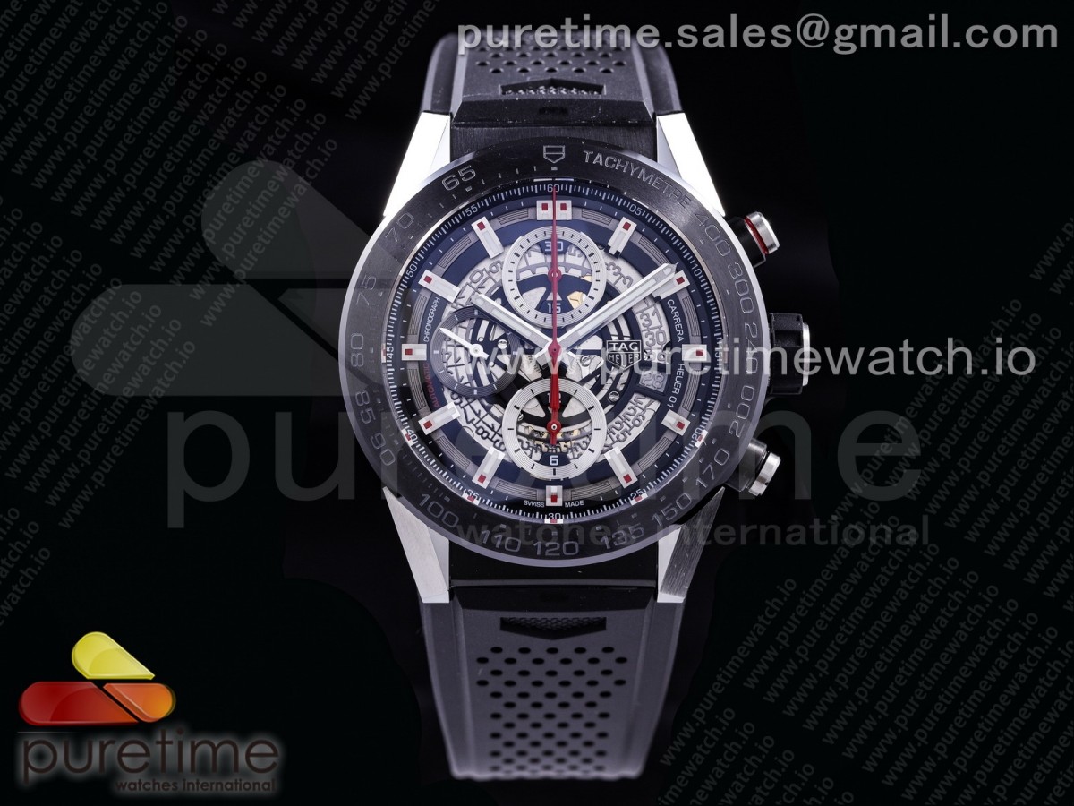 XF공장 칼리버호이어 PVD 스켈레톤다이얼 러버스트랩 Calibre Heuer 01 Chrono SS/PVD Skeleton Dial Red Hand on Black Rubber Strap A1887