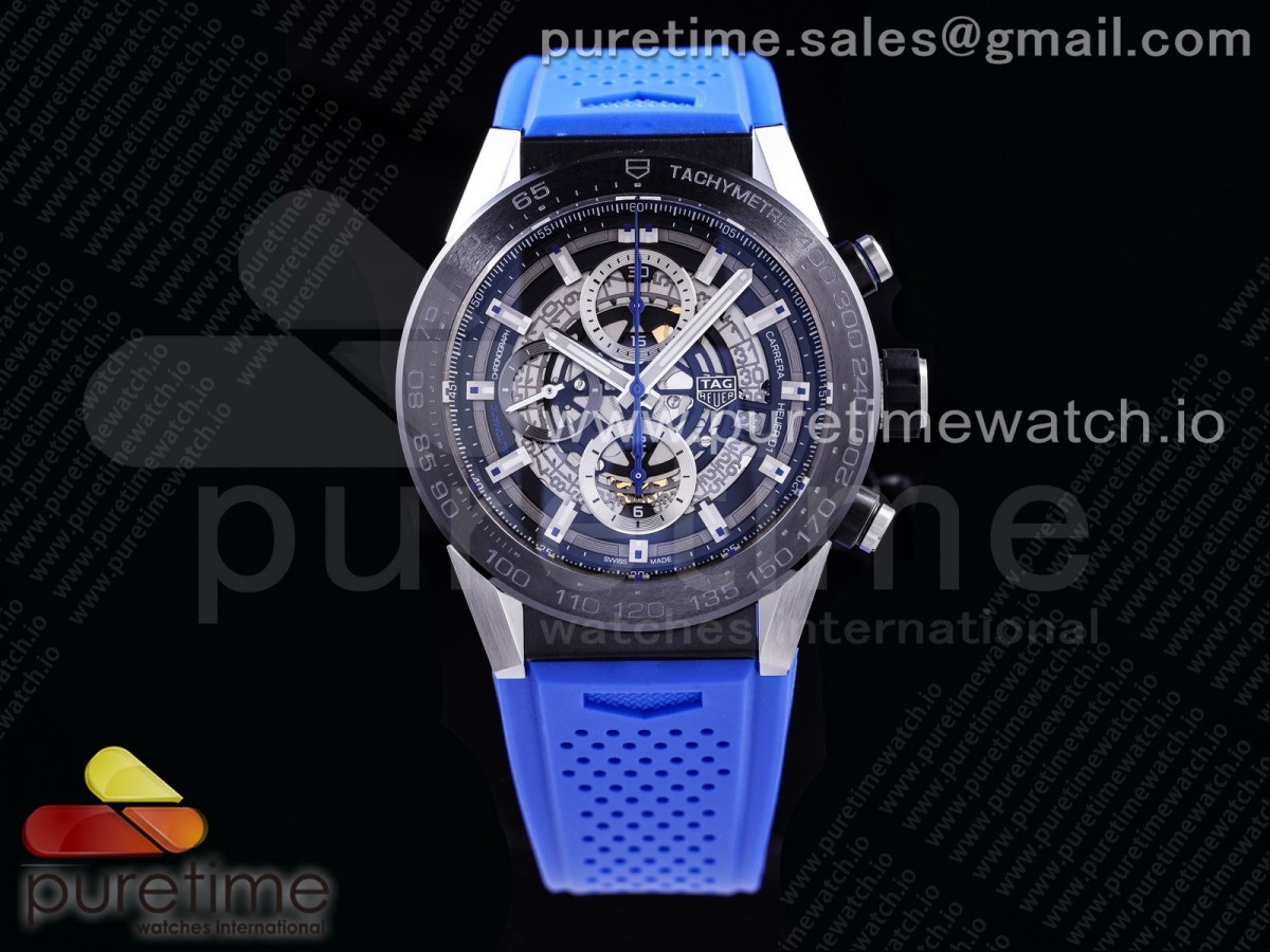 XF공장 칼리버호이어 PVD 스켈레톤다이얼 러버스트랩 Calibre Heuer 01 Chrono SS/PVD Skeleton Dial Blue Hand on Blue Rubber Strap A1887