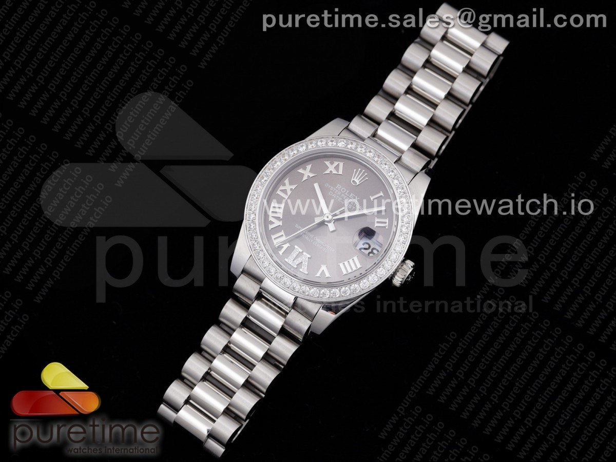 GM공장 롤렉스 데이저스트 31 그레이다이얼 브레이슬릿 DateJust 31 Ladies 278289 GMF 316L Steel Diamonds Bezel Gray Dial Roman Markers on President Syle Bracelet