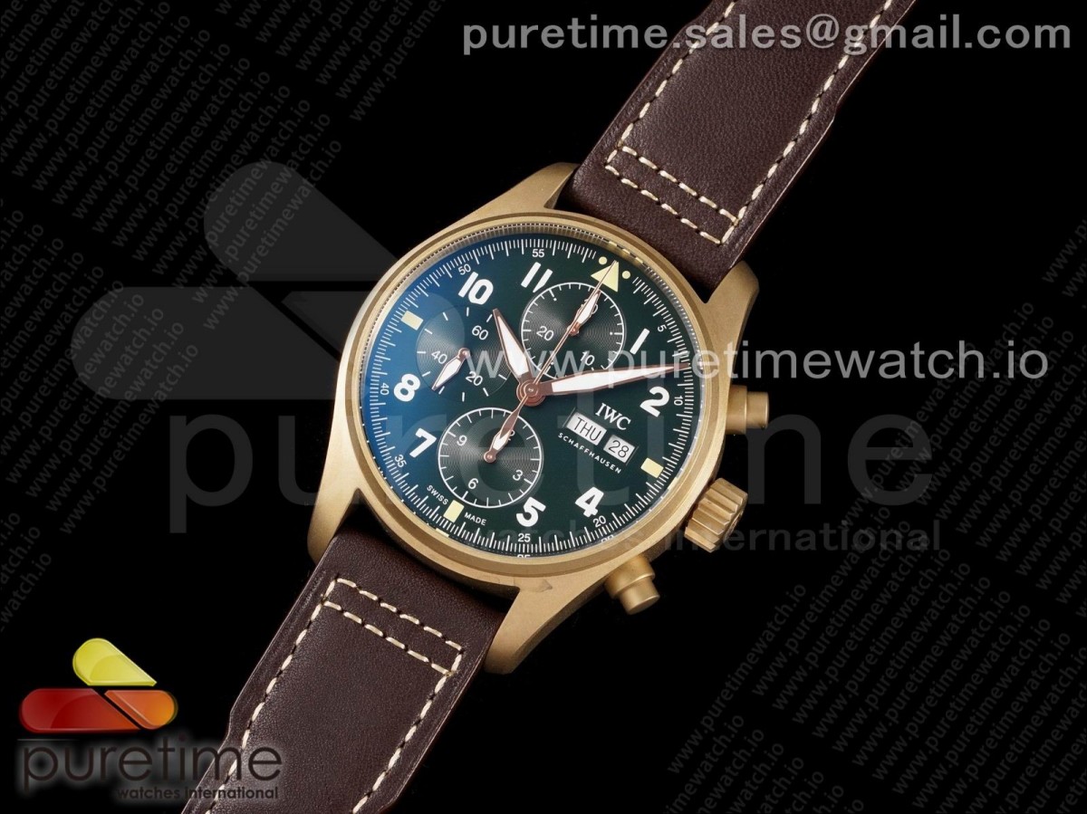 AZ공장 IWC 파일럿 크로노그래프 스핏파이어 브론즈케이스 그린다이얼 가죽스트랩 Pilot Chrono Spitfire IW387902 Bronze AZF 1:1 Best Edition Green Dial on Brown Leather Strap A7750