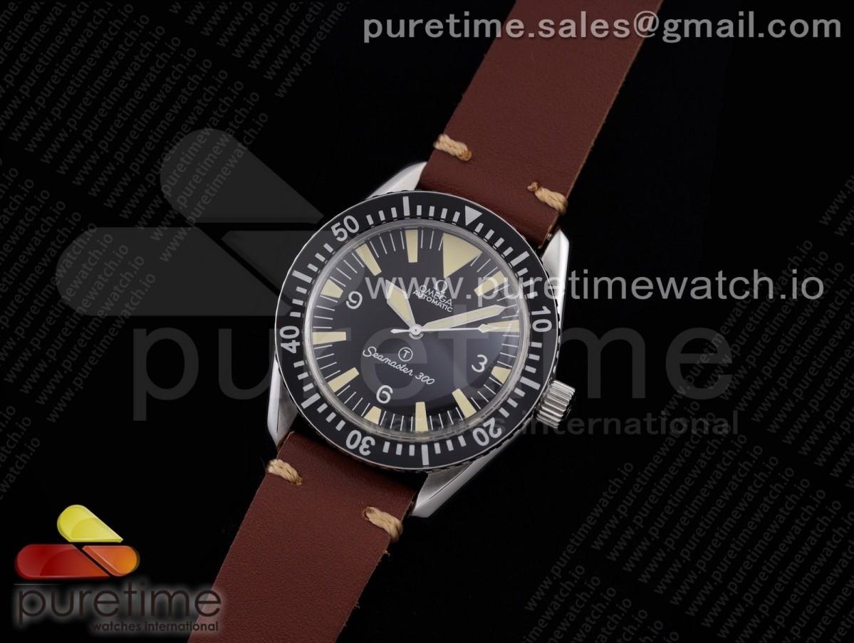 OX공장 오메가 빈티지 씨마스터 300 블랙다이얼 가죽스트랩 Vintage Seamaster 300 OXF Best Edition Black Dial on Brown Leather Strap A2836 Style 2