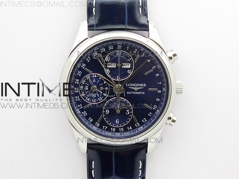 GL공장 마스터 문페이즈 크로노 블루다이얼 가죽스트랩 Master Moonphase Chronograph SS GLF 1:1 Best Edition Blue Dial on Blue Leather Strap A7751