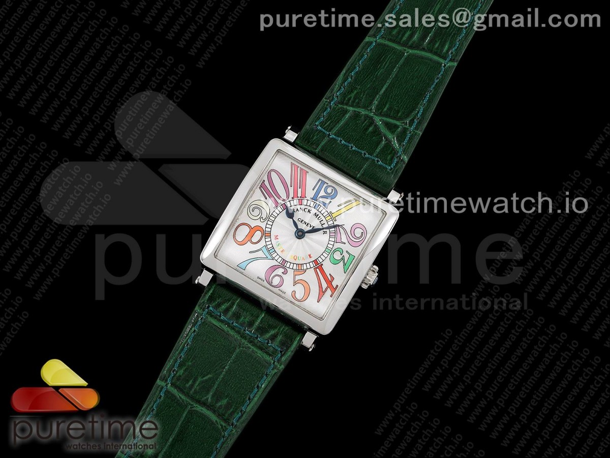 ZF공장 프랭크뮬러 마스터스퀘어 화이트다이얼 가죽스트랩 Master Square SS Ladies ZF 1:1 Best Edition White Colorful Arabic Dial on Green Leather Strap Ronda Quartz