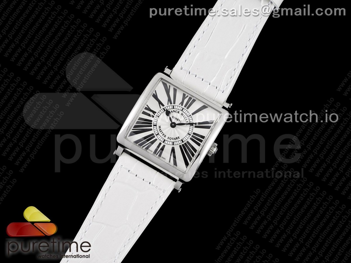 ZF공장 프랭크뮬러 마스터스퀘어 화이트다이얼 가죽스트랩 Master Square SS Ladies ZF 1:1 Best Edition White Black Roman Dial on White Leather Strap Ronda Quartz