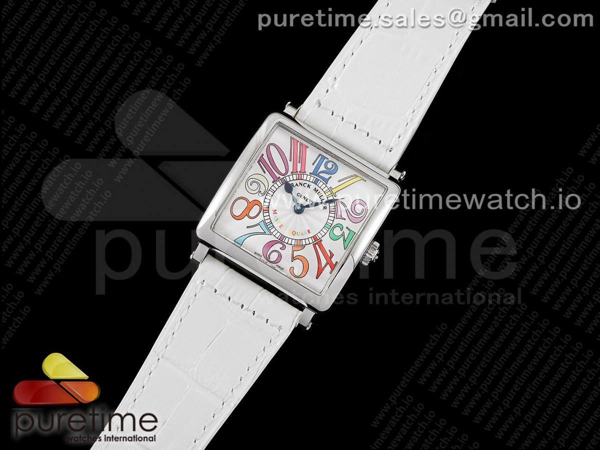 ZF공장 마스터스퀘어 화이트다이얼 가죽스트랩 Master Square SS Ladies ZF 1:1 Best Edition White Colorful Arabic Dial on White Leather Strap Ronda Quartz