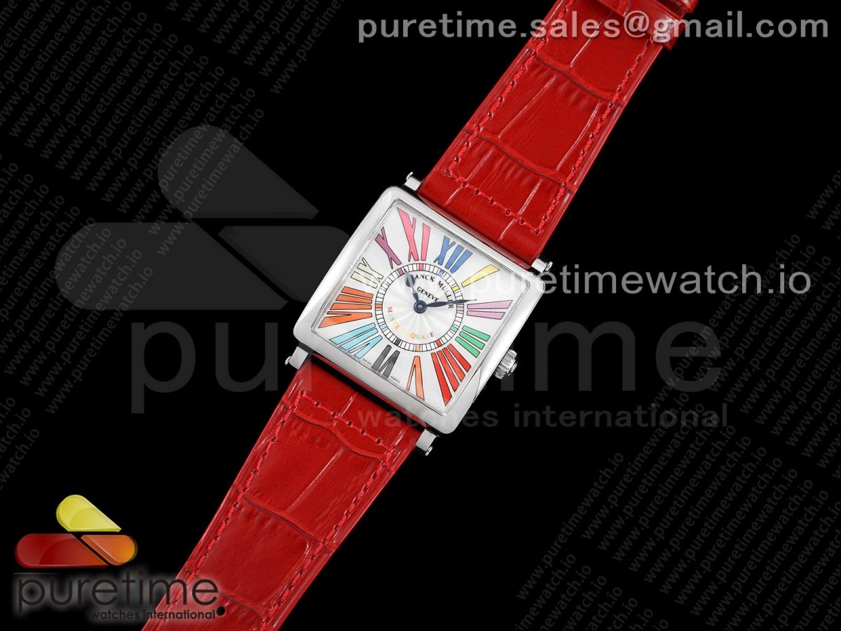 ZF공장 프랭크뮬러 마스터스퀘어 화이트다이얼 가죽스트랩 Master Square SS Ladies ZF 1:1 Best Edition White Colorful Roman Dial on Red Leather Strap Ronda Quartz