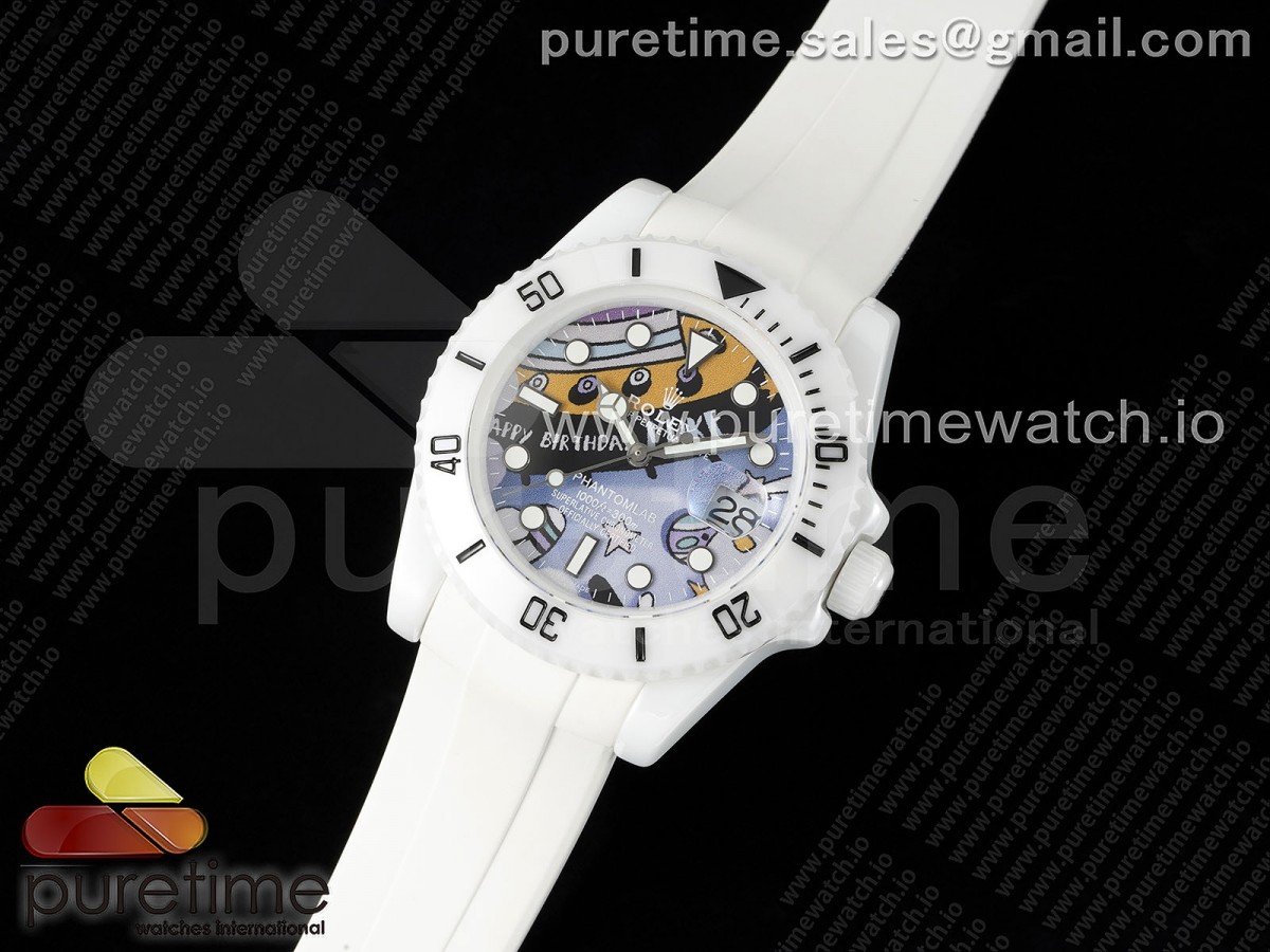 5G공장 롤렉스 커스텀 서브마리너 40 풀세라믹 페인팅다이얼 러버스트랩 Submariner 40mm White Ceramic 5GF Best Edition Painting Dial on White Rubber Strap SA3135