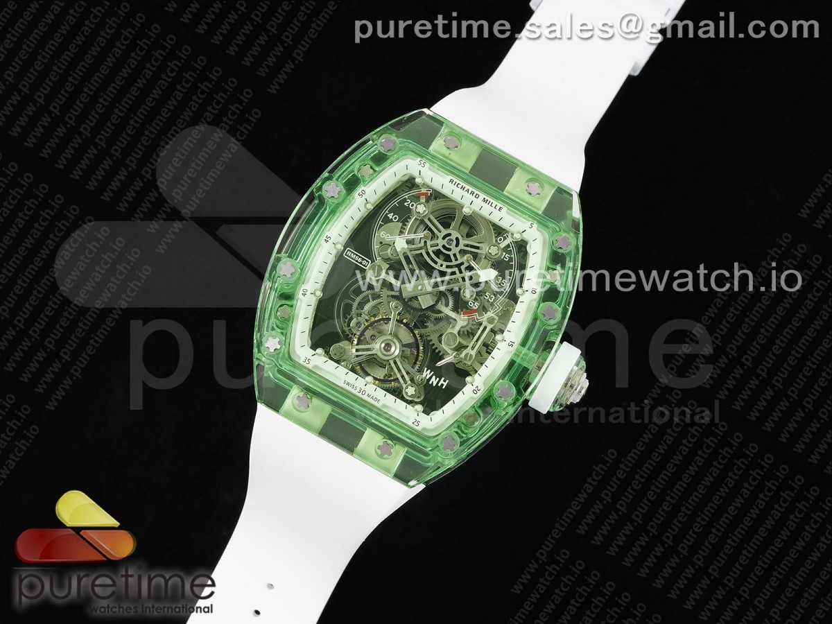 RM공장 리차드밀 RM56-01 뚜르비옹 그린 투명 글래스케이스 러버스트랩 RM56-01 Green Transparent Tourbillon RMF Best Edition Skeleton Dial on White Rubber Strap