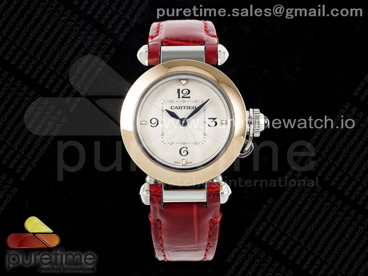 AF공장 까르띠에 파샤 30mm 로즈골드콤비 화이트다이얼 레드가죽스트랩 Pasha 30mm SS/RG AF 1:1 Best Edition White Textured Dial on Red Leather Strap Jaq Quartz