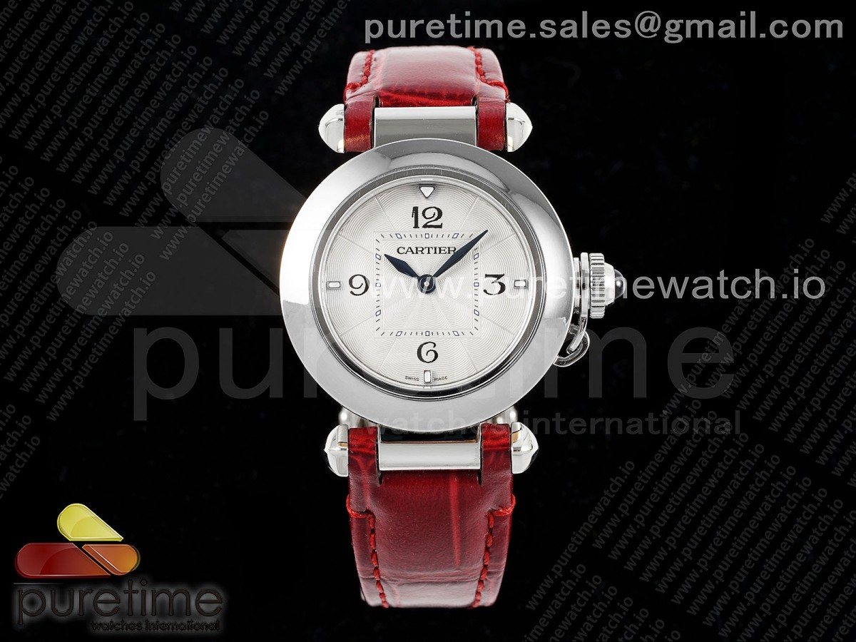 AF공장 까르띠에 파샤 30mm 스틸 화이트다이얼 레드가죽스트랩 Pasha 30mm SS AF 1:1 Best Edition White Textured Dial on Red Leather Strap Jaq Quartz