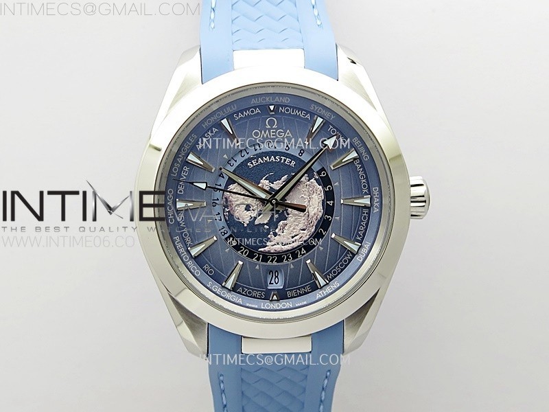 VS공장 오메가 아쿠아테라 월드타이머 써머블루다이얼 블루러버스트랩 Aqua Terra GMT Worldtimer 43mm VSF 1:1 Best Edition Summer Blue Dial on Blue Rubber Strap A8938 Super Clone